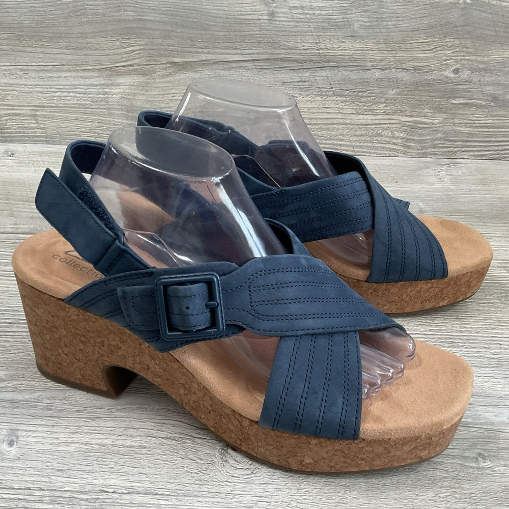 NWOB Clarks Women's Leather Cork Nerisa West Blue Comfort Sandals Size 11W Wide